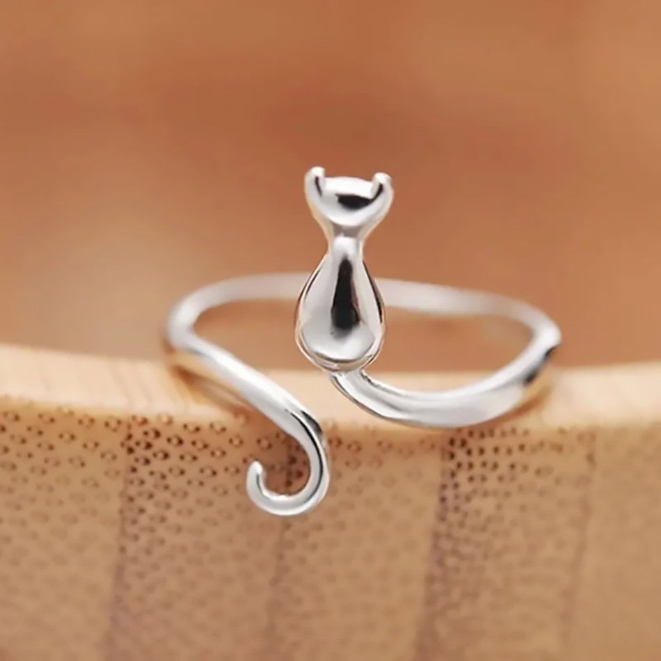 Statement Cocktail Ring - 925 スターリングシルバー猫リング女性のためのオープニングサイズ変更可能な動物リングシンプルでスタイリッシュなガールアクセサリーファッション多用途ジュエリー