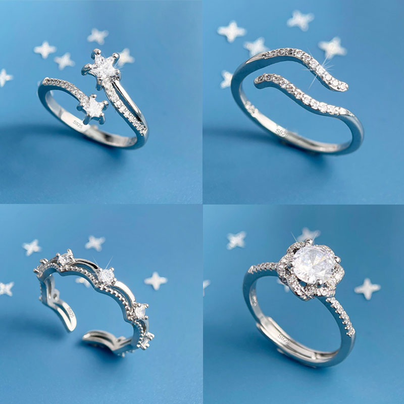 Statement Cocktail Ring - 925 スターリングシルバーリング女性のための幾何学的なファインジュエリー指調節可能な輝くシンプルなジルコンリングパーティー誕生日ギフト