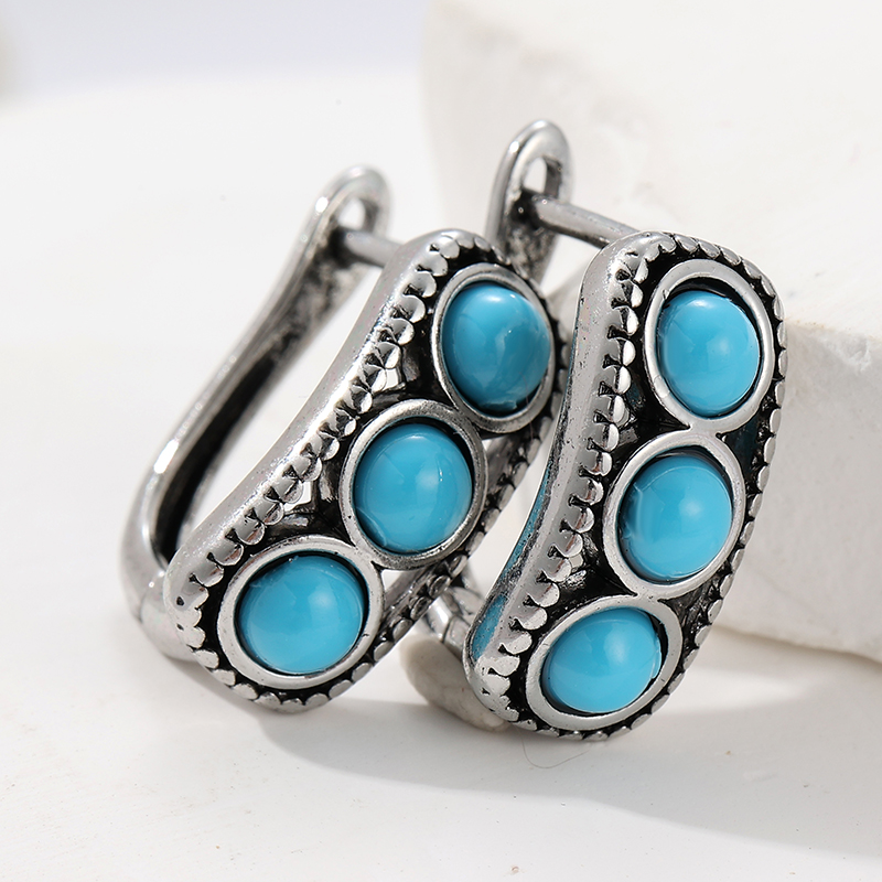 Turquoise Stone Ring - ヴィンテージ模造ターコイズフープイヤリング女性のためのボヘミアンスタイルシンプルなデザインシルバーカラーイヤリングジュエリーギフト
