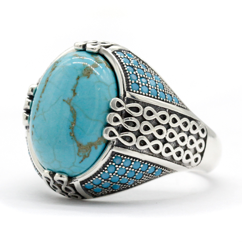 Turquoise Stone Ring - ナチュラルターコイズストーンリング用925シルバー男性リングチェーンヴィンテージパーティーリングのためのクールなスタイルトルコリング女性