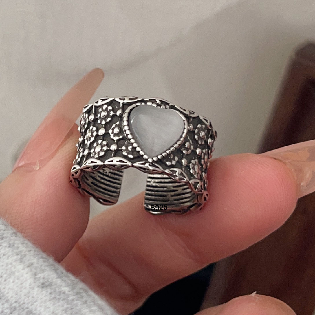 Statement Cocktail Ring - 925 スターリングシルバーリング女性のための幾何学的なファインジュエリー指調節可能なワイドハートストーンリングパーティー誕生日ギフト