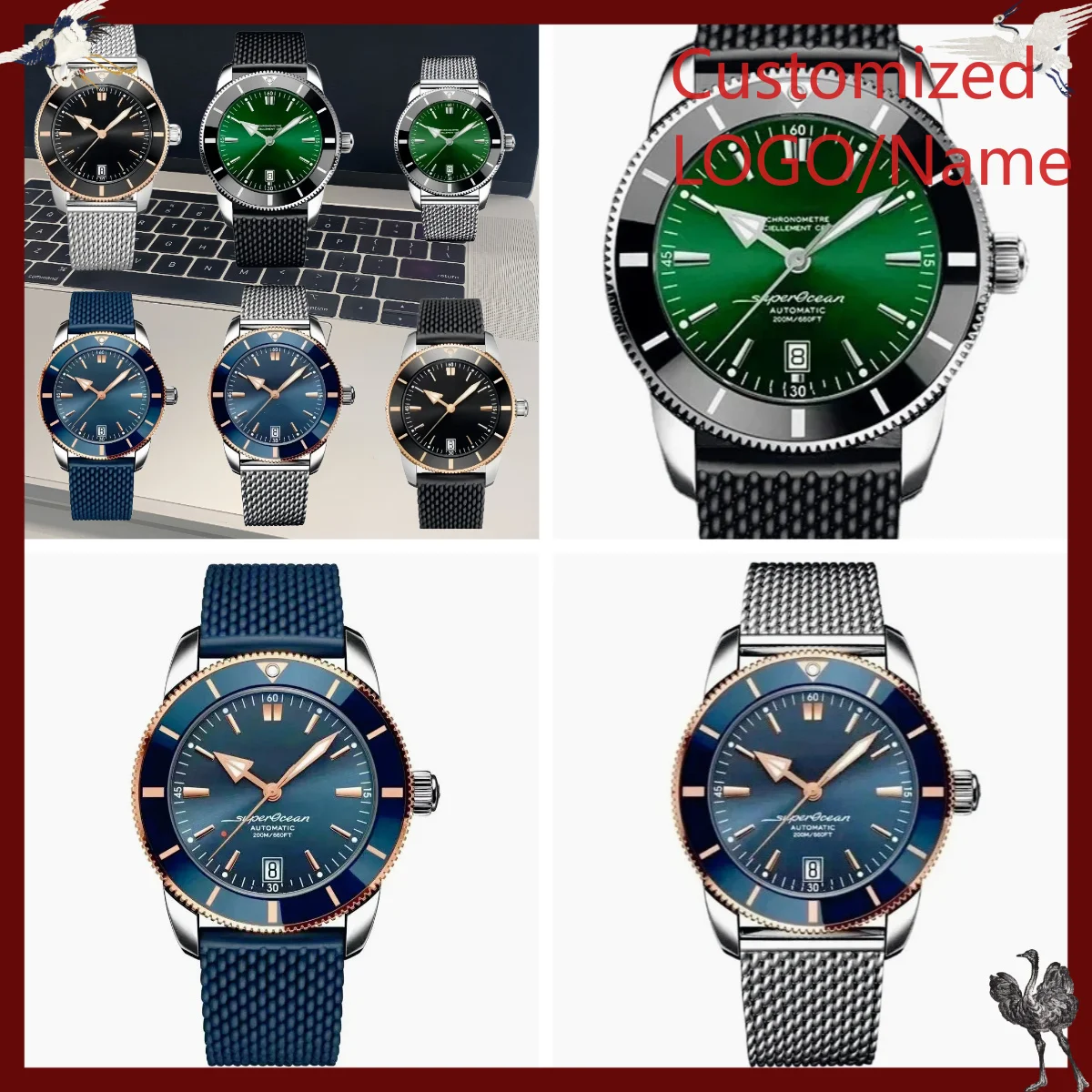 Watch Strap Replacement - A1212ストア カスタマイズウォッチ 46mm スポーツ自動巻き機械式腕時計 メンズ用、ローズゴールドケース、ブラックとブルーのラバーストラップ