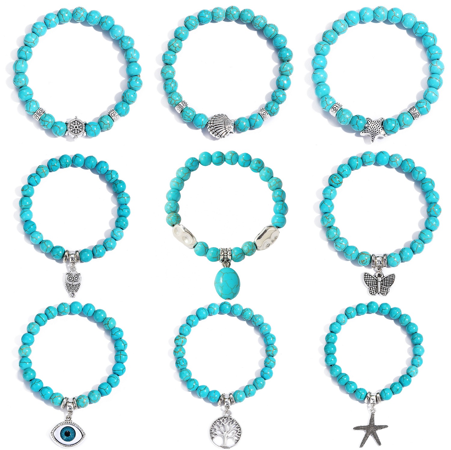 Turquoise Stone Ring - 男性と女性のためのさまざまな形状のターコイズブレスレット,円筒形のジュエリー,天然石のブレスレット,弾性コードジュエリー