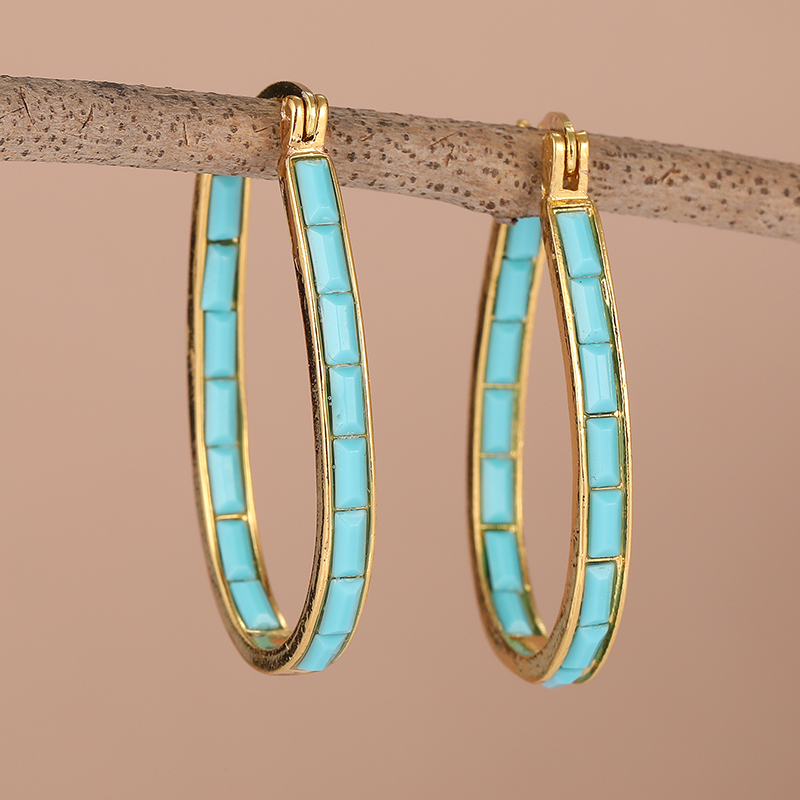 Turquoise Stone Ring - ヴィンテージシンプルな象嵌合成ターコイズゴールデンメッキフープイヤリング女性ボヘミアンスタイル宴会休暇ジュエリーアクセサリー