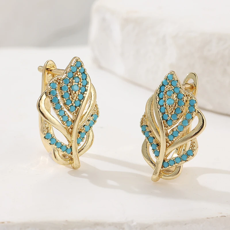 Turquoise Stone Ring - クリエイティブな葉の形をしたフープイヤリングゴールドメッキターコイズブリリアントイヤリング女性の気質エレガントなブライダルウェディングジュエリー