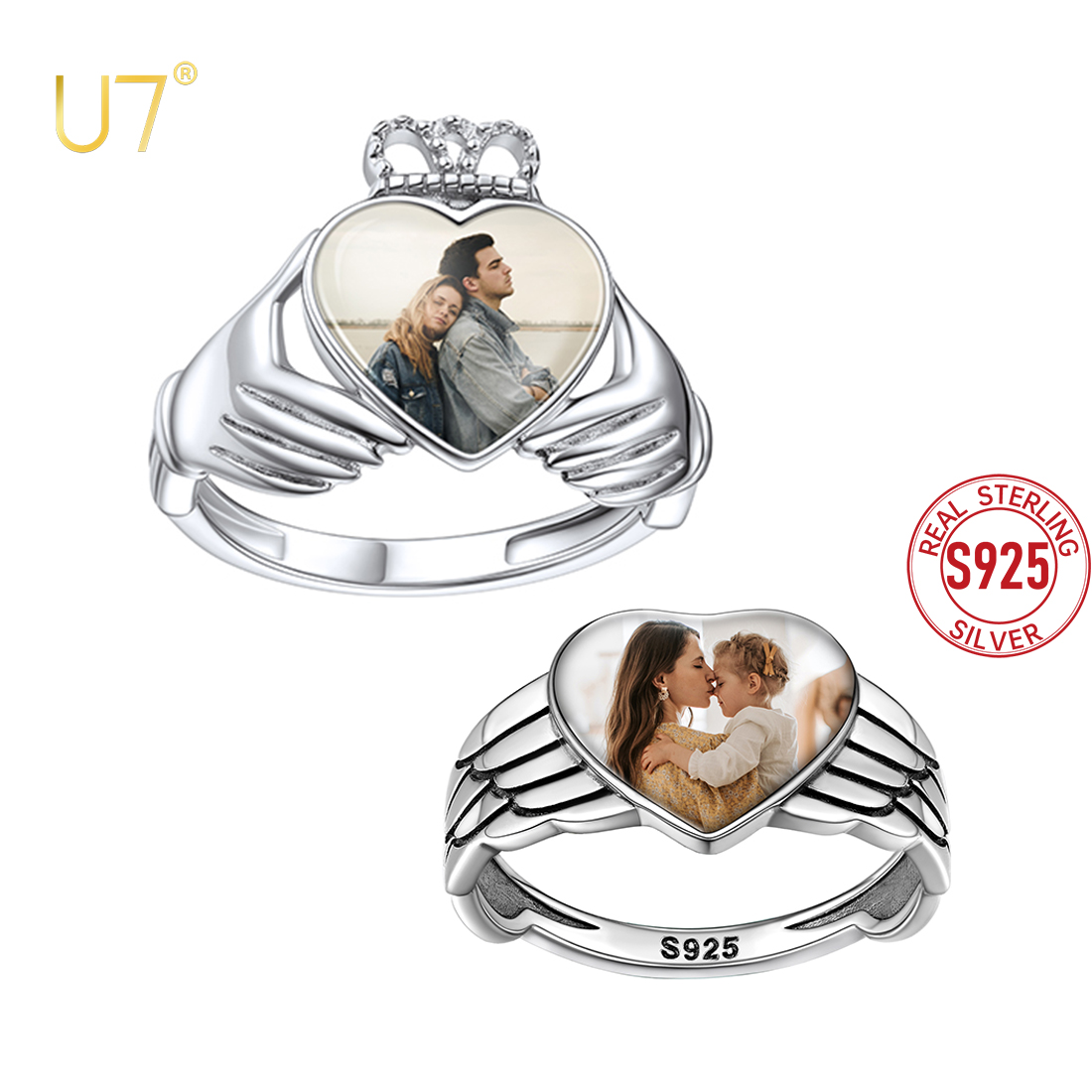 Statement Cocktail Ring - U7-女性用のカスタムフォトリング,925スターリングシルバージュエリー,925スターリングシルバージュエリー,クラダグエンジェルウィング,パーソナライズされた記念写真
