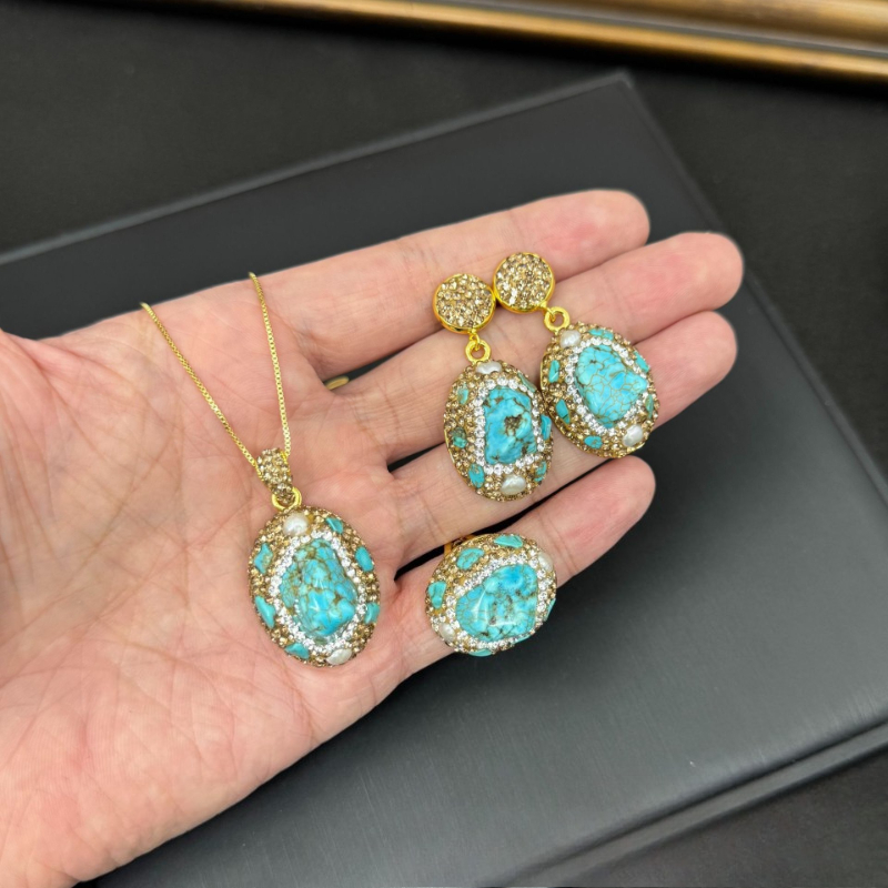 エレガントなレディースジュエリーセット 3点セット ターコイ - Turquoise Stone Ring のレビューと価格