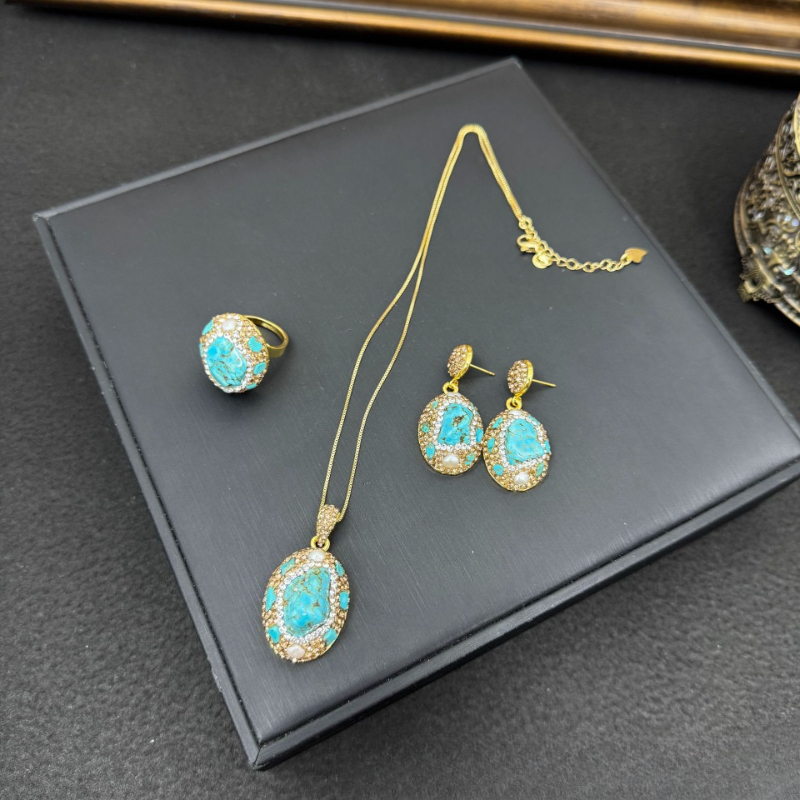 エレガントなレディースジュエリーセット 3点セット ターコイ - Turquoise Stone Ring のレビューと価格